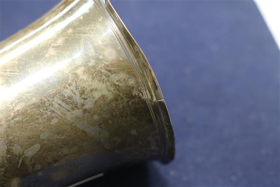 A late 17th/early 18th century French? silver beaker with later engraved inscription, 5.5 oz.
